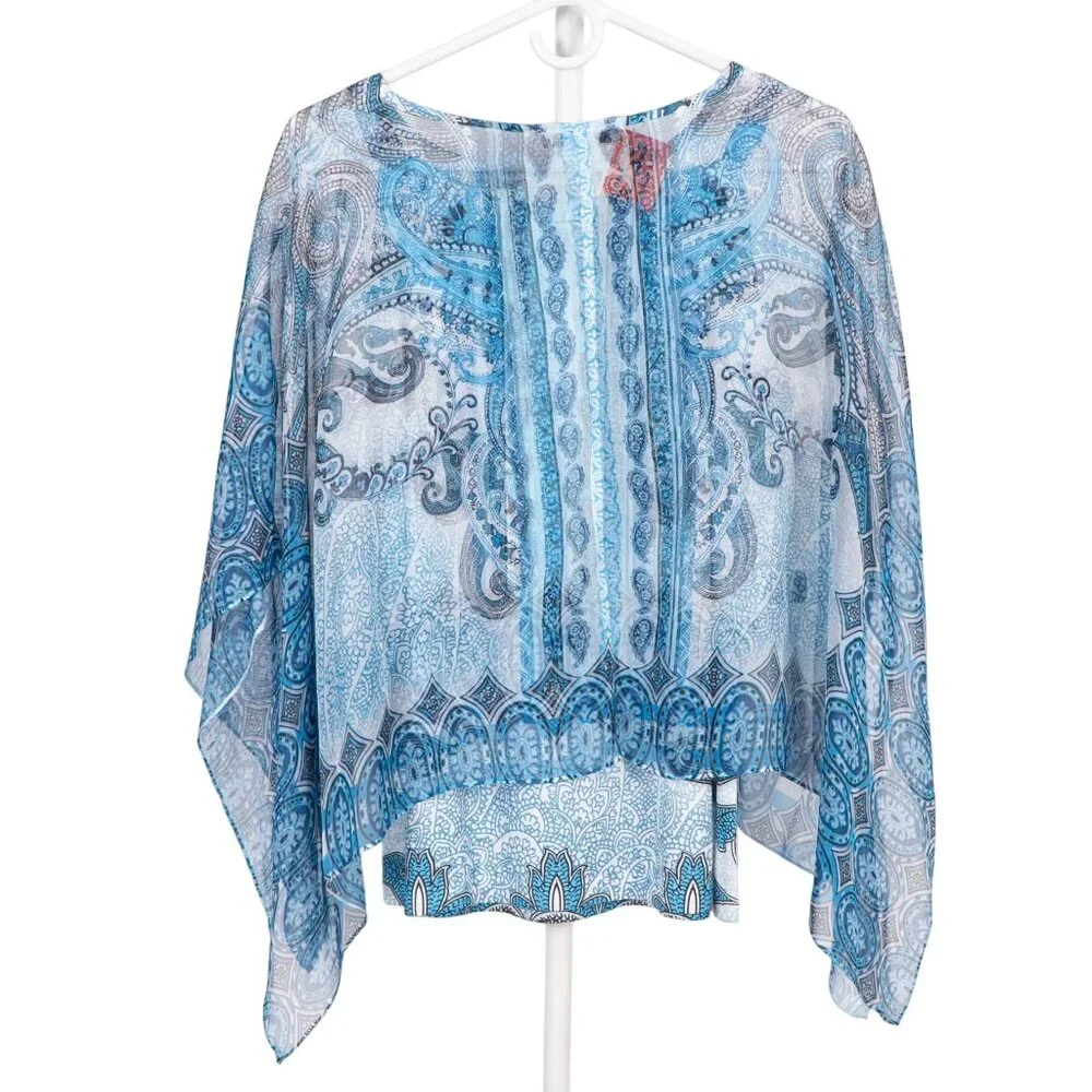 Boho Sheer Paisley Poncho Tank Set Top Petite L Blue Y2K Gypsy Hippie Festival